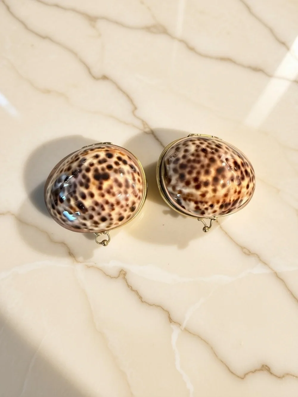 Vintage brass Trinket Pill Box Natural Tiger Cowry Seashell Shell Coin Purse set
